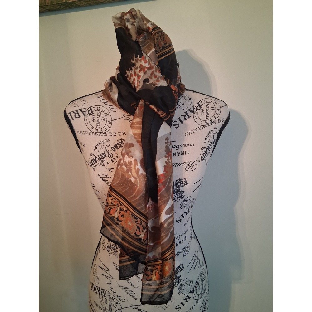 Great Wave Print Scarf Black Brown Orange Floral Border Sheer Long Wrap